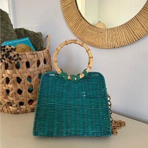ZARA Teal Woven Handbag with Bamboo Handle.
